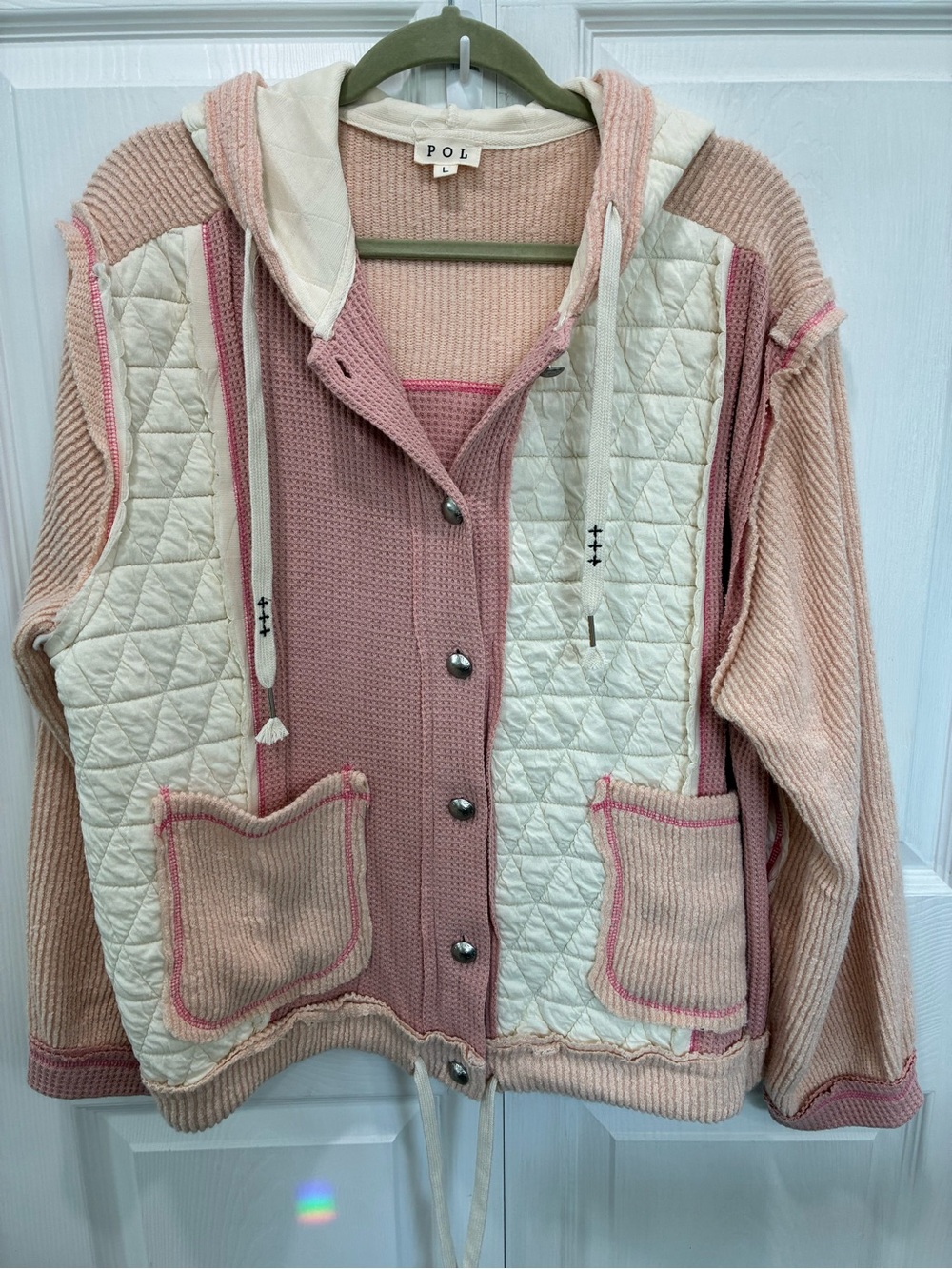 POL Pink and Cream Quilted Mixed-Knit Hooded Cardigan - Picture 8 of 9